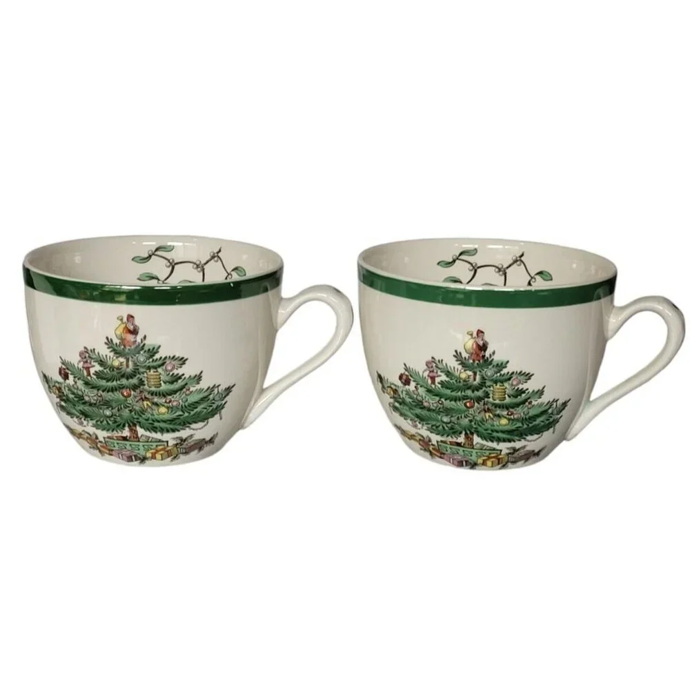 SPODE Christmas‎ Tree Santa Coffee Tea Cups 6oz Set of 2 England VTG